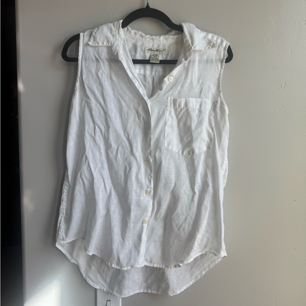 Eddie Bauer White Sleeveless Button-Down Linen Cottagecore Shirt S Euro Summer
